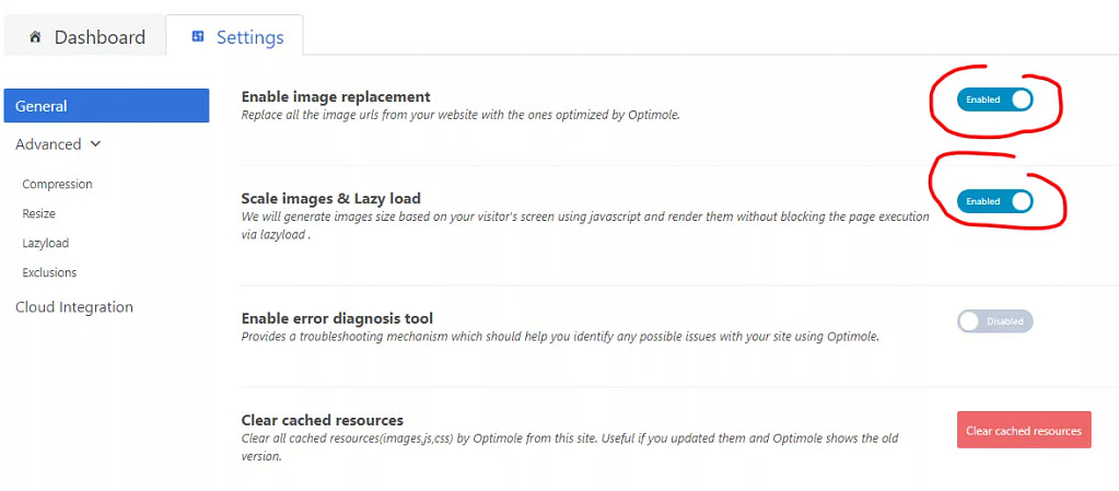 Tab setting del plugin Optimole per attivare il lazyload