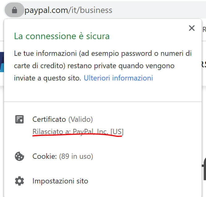 Connessione sicura, certificato ssl a convalida estesa di Paypal