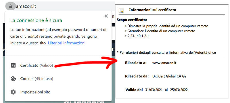 connessione sicura, certificato ssl distribuito da un ente di amazon