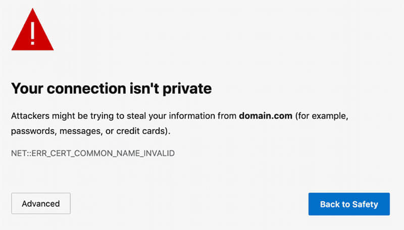 il certificato SSL non corrisponde. URL fraudolenta. Il browser comunica messaggio di errore