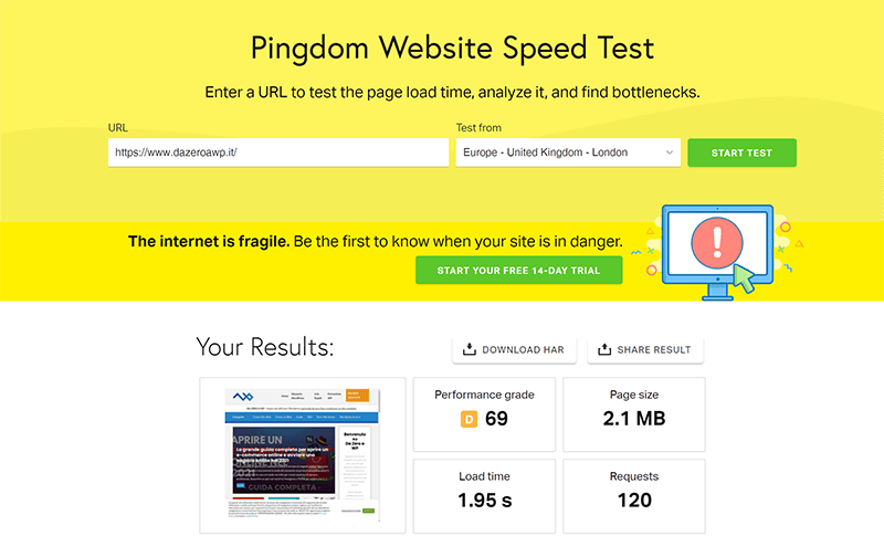 testare la velocità di un sito web tramite pingdom